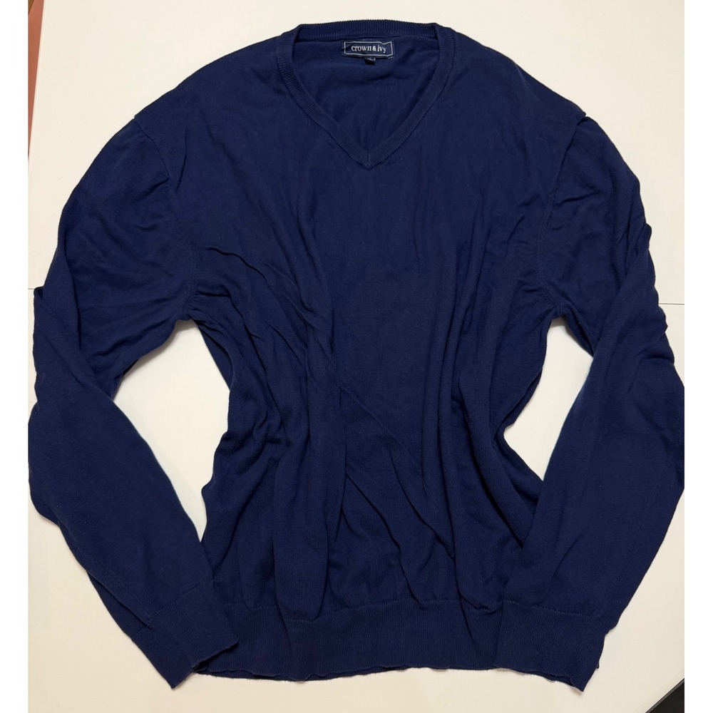 Crown & Ivy Navy Blue Cotton Cashmere Blend V-Neck Sweater XL Pullover
